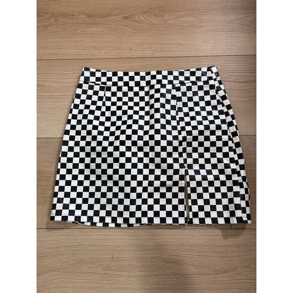 Women's Black and White Checkerboard Mini Skirt Faux Wrap Style with Slit S - Picture 1 of 4